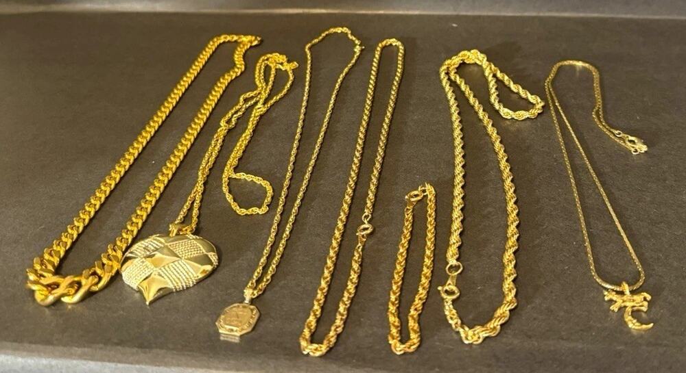 Vintage Gold Tone Chain Necklace Lot Bundle - Curb Rope Box Link Pendant 7pc